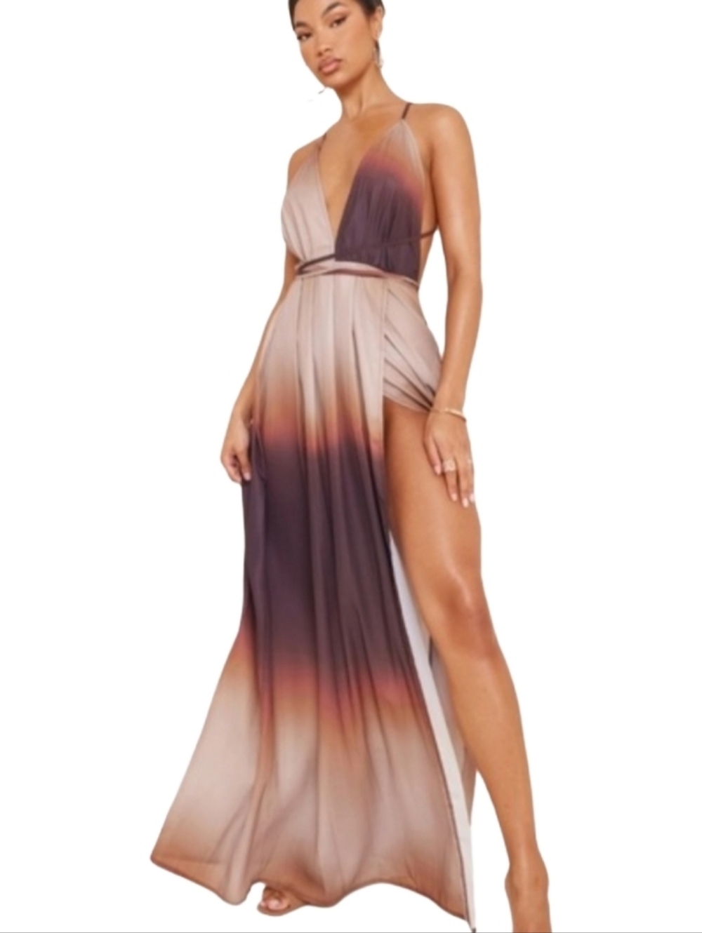 Brown Ombre Maxi Halter Wrap Summer Dress With Thigh Slit